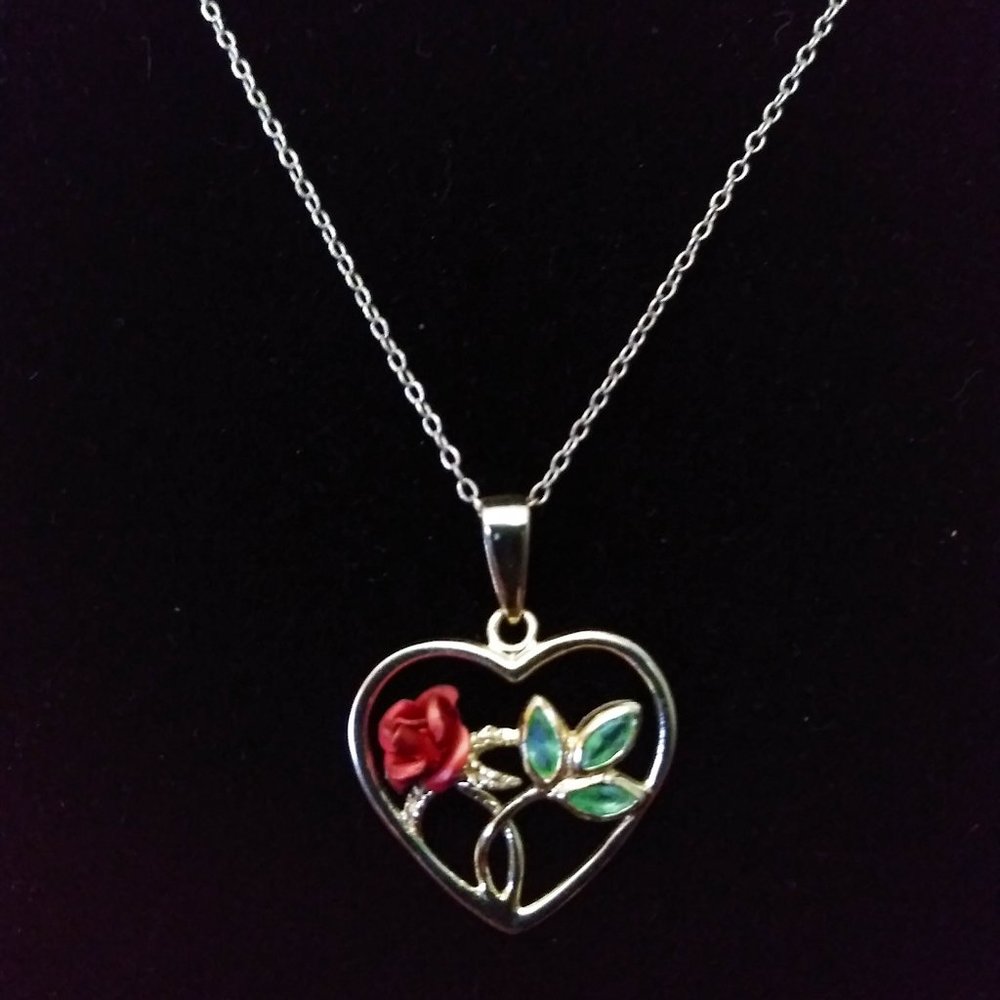 Vintage Sterling Silver Heart w/3-D Rose Necklace - Picture 8 of 11
